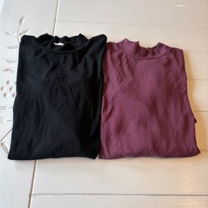 Pink Rose Ribbed Mock Neck Tops - bodysuit Black & Plum